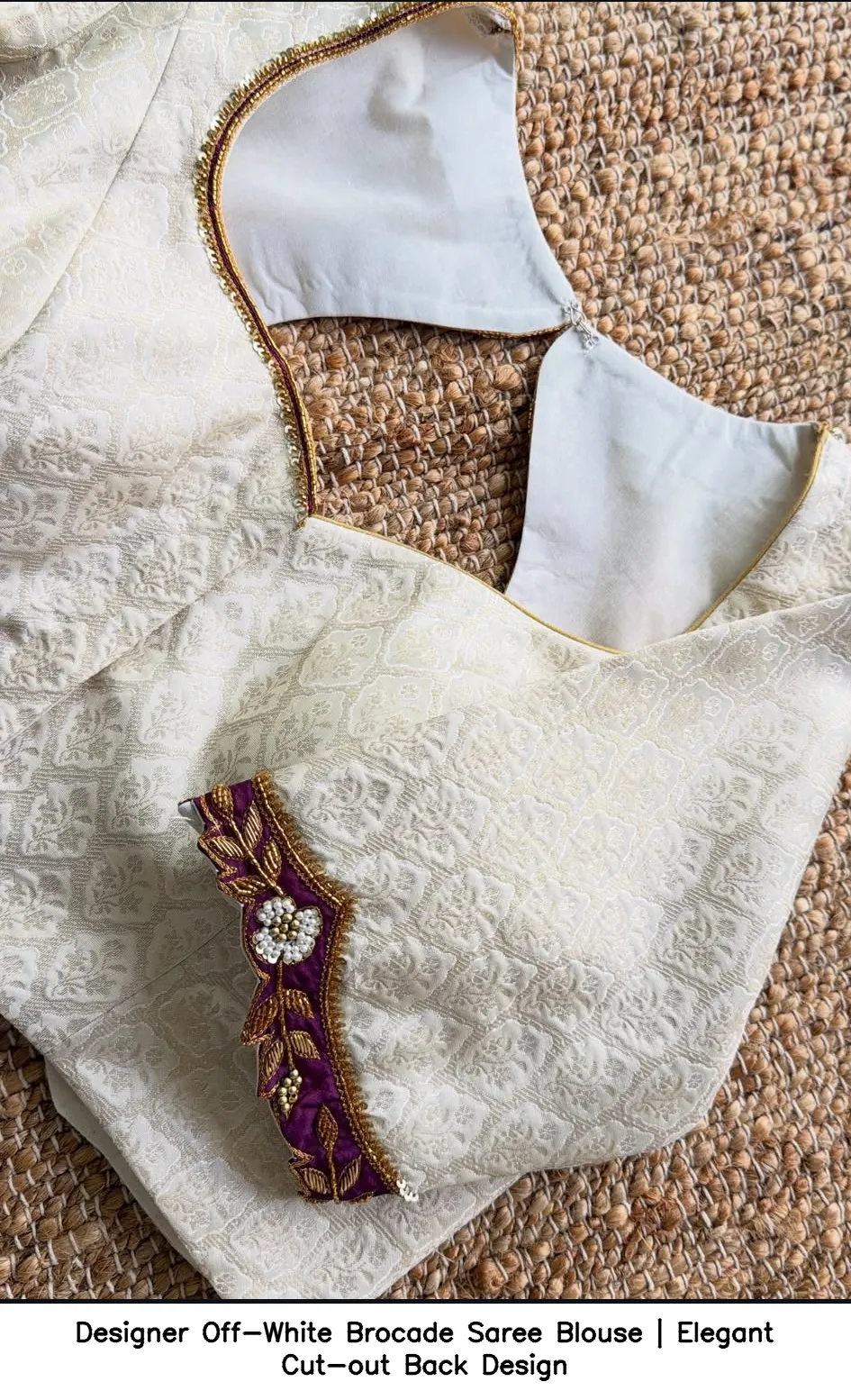 Designer Off-White Brocade Saree Blouse | Elegant Cut-out Back Design 3