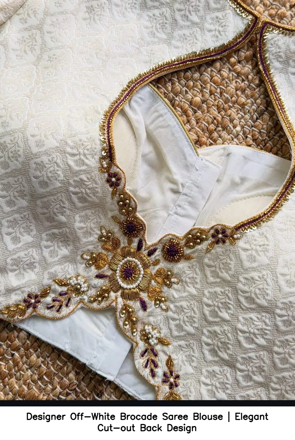 Designer Off-White Brocade Saree Blouse | Elegant Cut-out Back Design 6