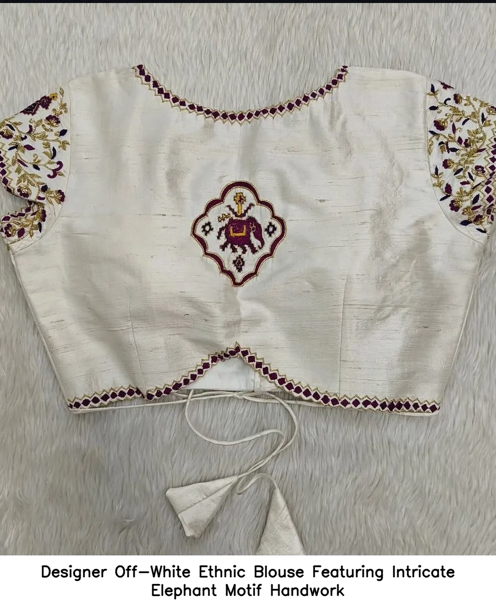 Designer Off-White Ethnic Blouse Featuring Intricate Elephant Motif Handwork
