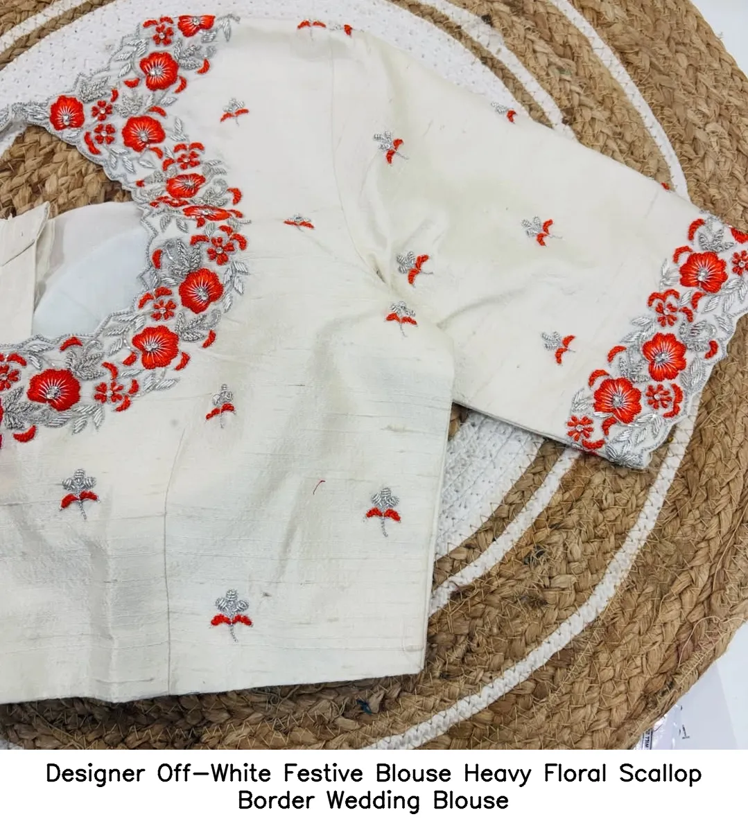 Designer Off-White Festive Blouse Heavy Floral Scallop Border Wedding Blouse