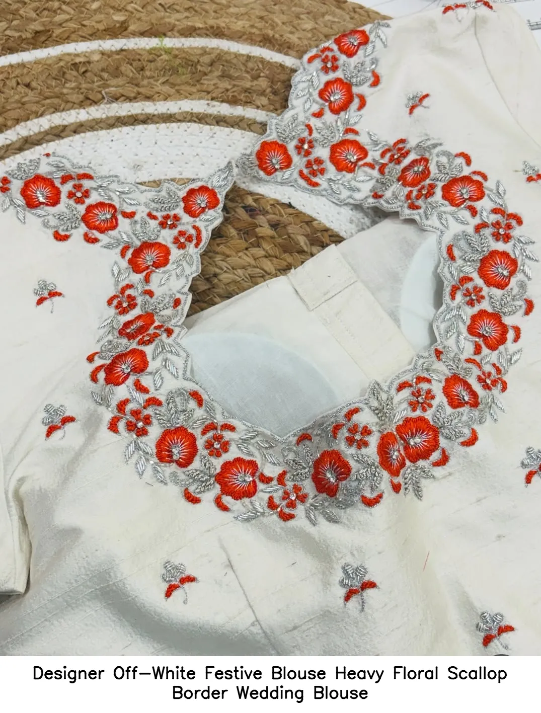 Designer Off-White Festive Blouse Heavy Floral Scallop Border Wedding Blouse
