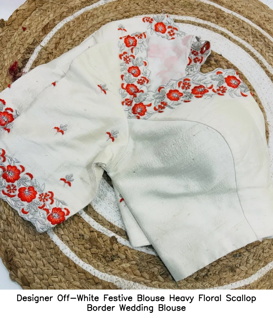 Designer Off-White Festive Blouse Heavy Floral Scallop Border Wedding Blouse