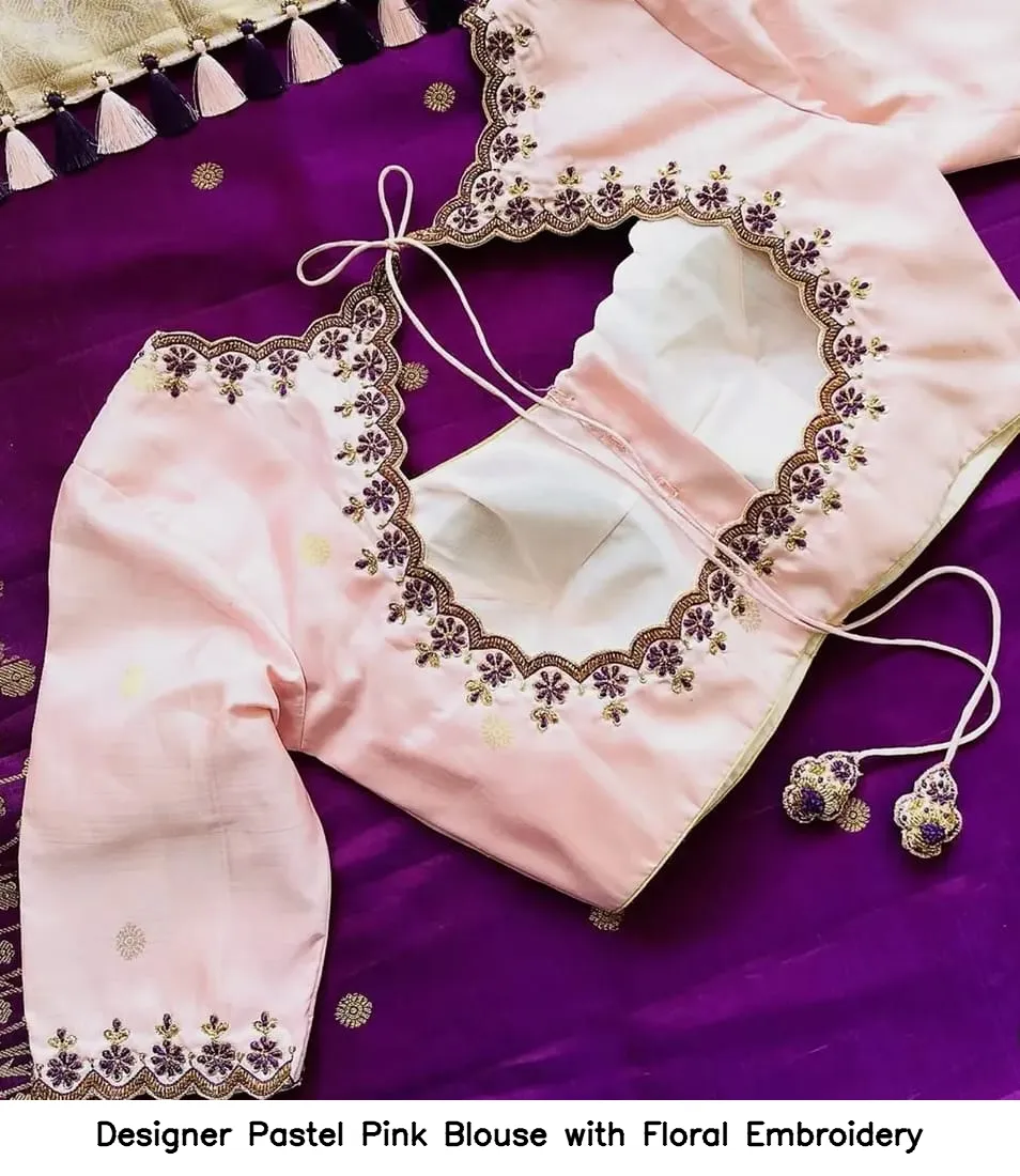 Designer Pastel Pink Blouse with Floral Embroidery
