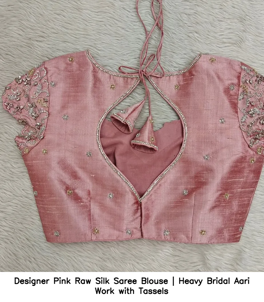 Designer Pink Raw Silk Saree Blouse | Heavy Bridal Aari Work with Tassels 2