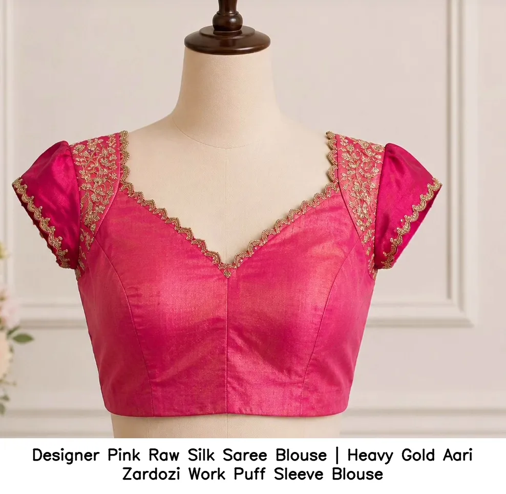 Designer Pink Raw Silk Saree Blouse | Heavy Gold Aari Zardozi Work Puff Sleeve Blouse 1