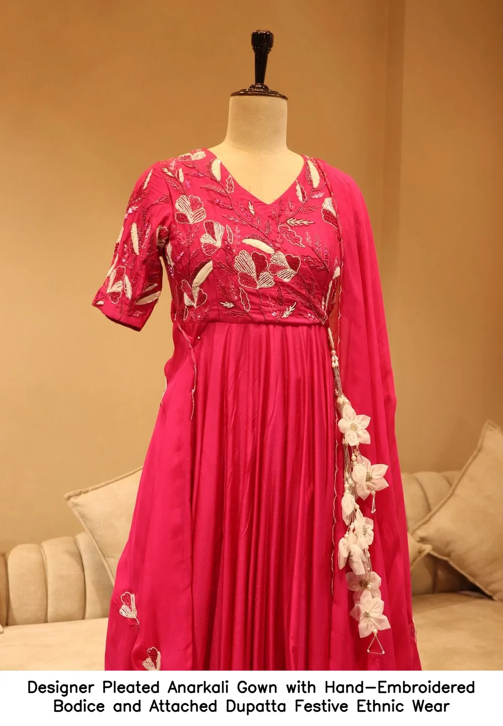 Designer Pleated Anarkali Gown with Hand-Embroidered Bodice and Attached Dupatta – Festive Ethnic Wear