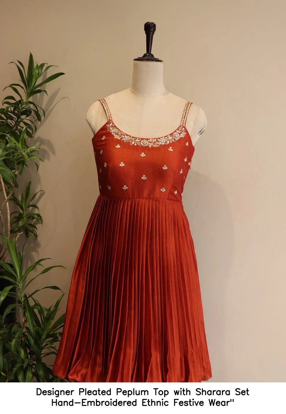Designer Pleated Peplum Top with Sharara Set – Hand-Embroidered Ethnic Festive Wear"