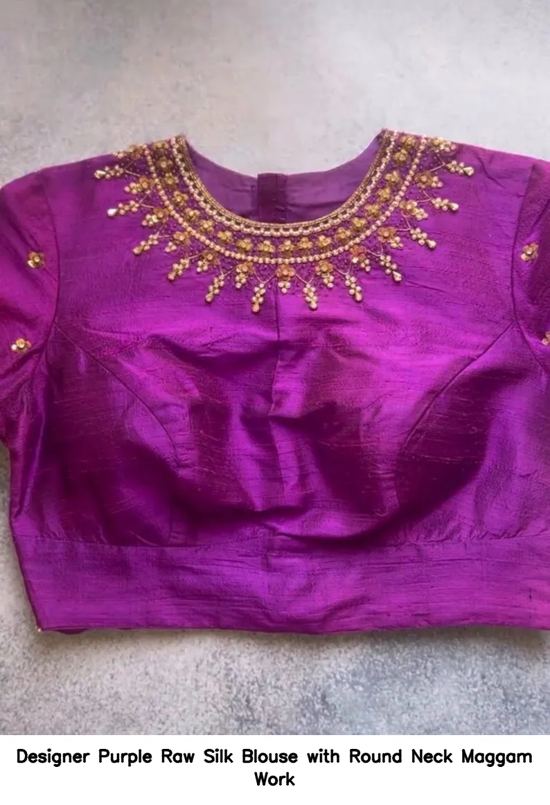 Designer Purple Raw Silk Blouse with Round Neck Maggam Work 2