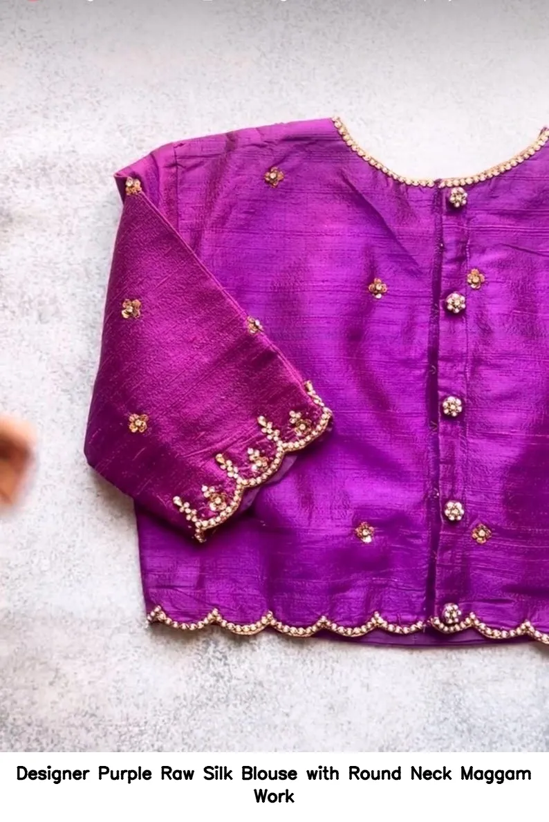 Designer Purple Raw Silk Blouse with Round Neck Maggam Work 3