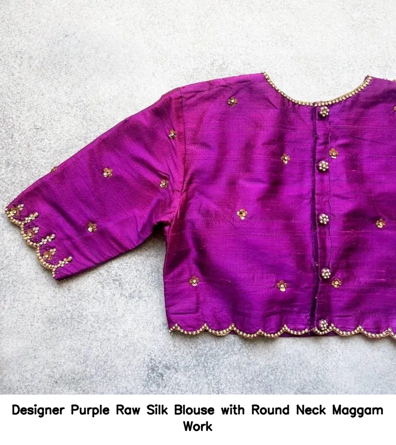 Designer Purple Raw Silk Blouse with Round Neck Maggam Work 4