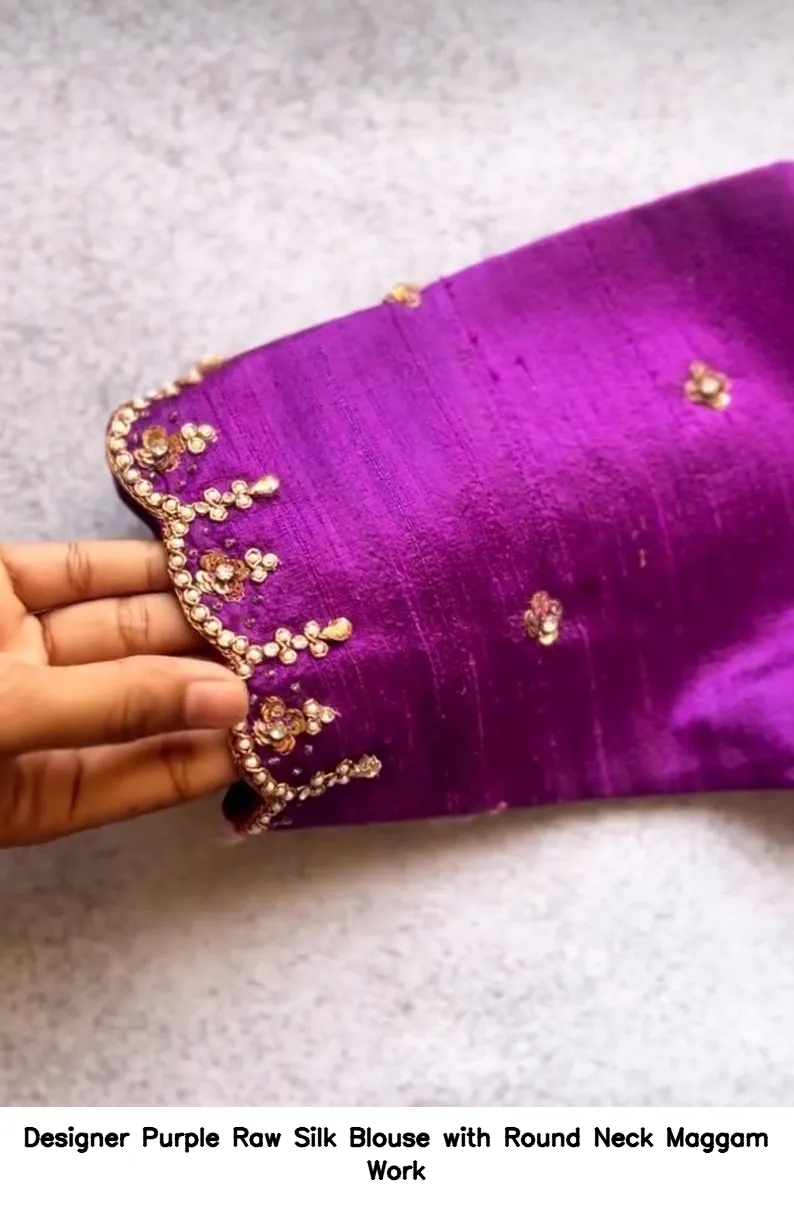 Designer Purple Raw Silk Blouse with Round Neck Maggam Work 6