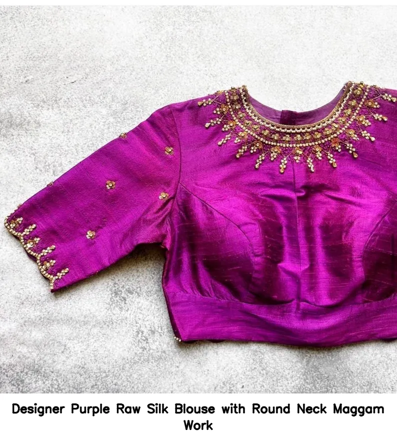 Designer Purple Raw Silk Blouse with Round Neck Maggam Work 8
