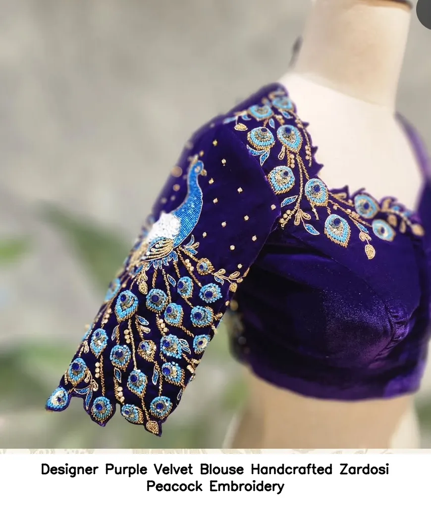 Designer Purple Velvet Blouse Handcrafted Zardosi Peacock Embroidery