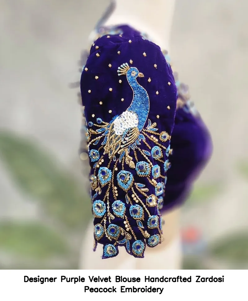 Designer Purple Velvet Blouse Handcrafted Zardosi Peacock Embroidery