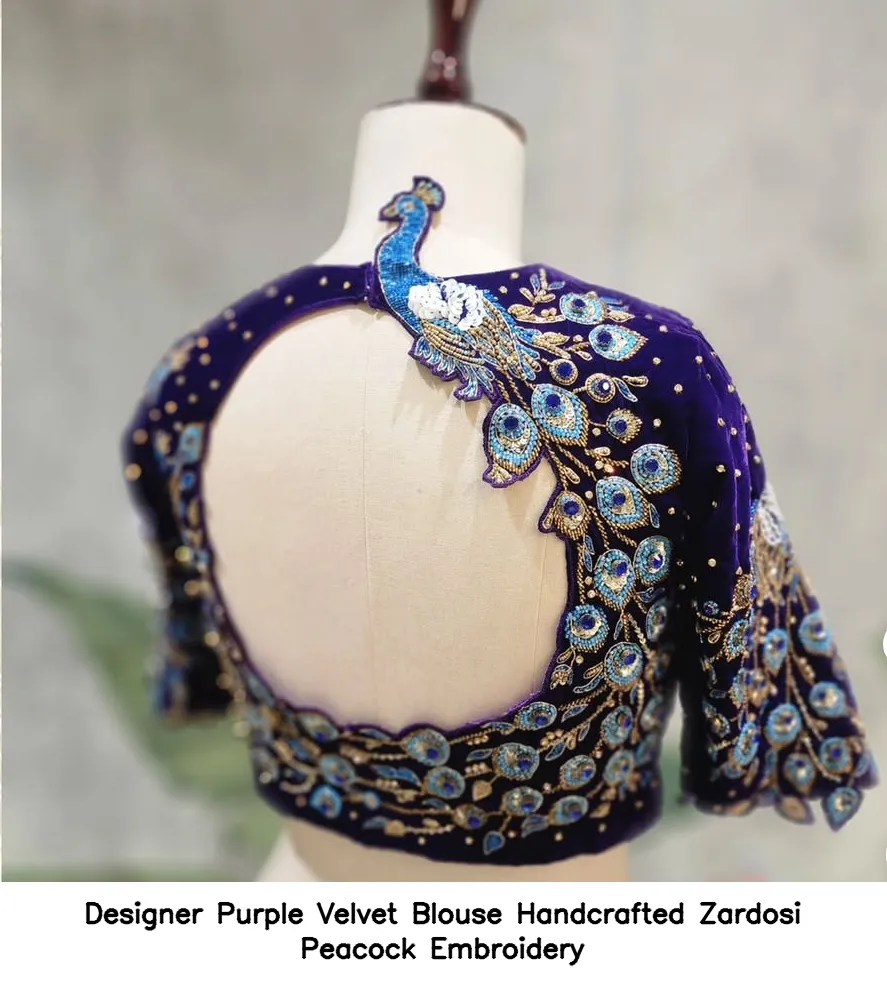 Designer Purple Velvet Blouse Handcrafted Zardosi Peacock Embroidery