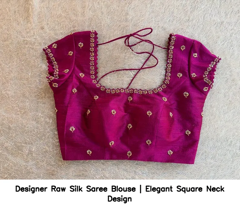 Designer Raw Silk Saree Blouse | Elegant Square Neck Design