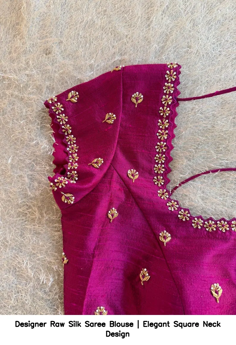 Designer Raw Silk Saree Blouse | Elegant Square Neck Design