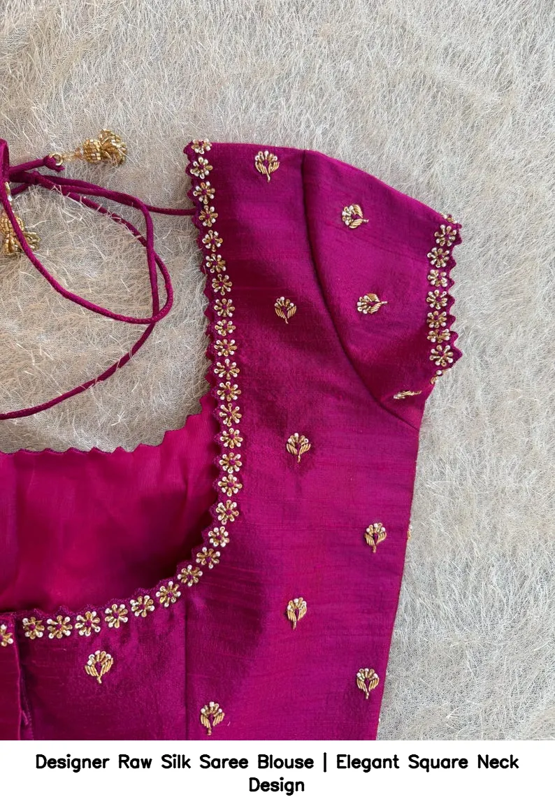 Designer Raw Silk Saree Blouse | Elegant Square Neck Design