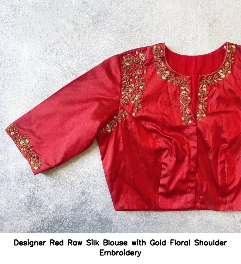 Designer Red Raw Silk Blouse with Gold Floral Shoulder Embroidery 1