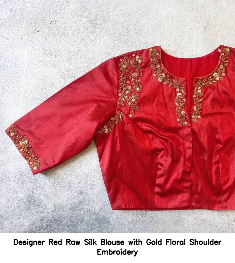 Designer Red Raw Silk Blouse with Gold Floral Shoulder Embroidery 3