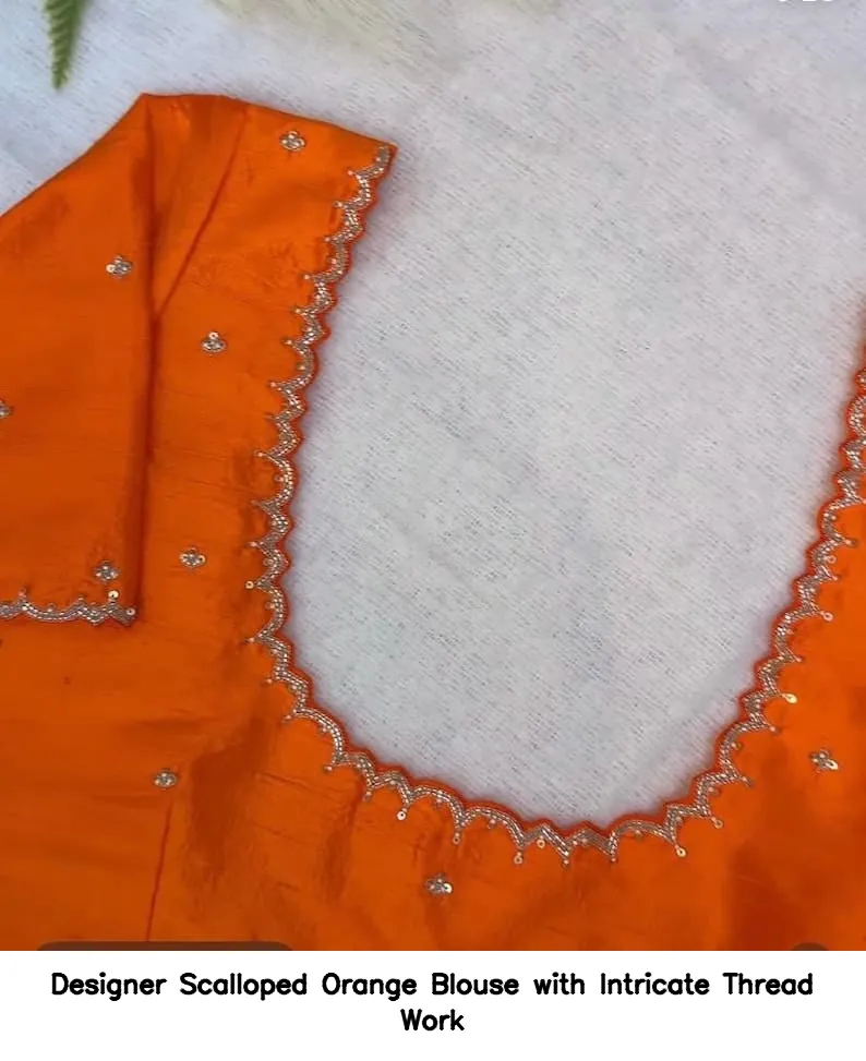 Designer Scalloped Orange Blouse with Intricate Thread Work