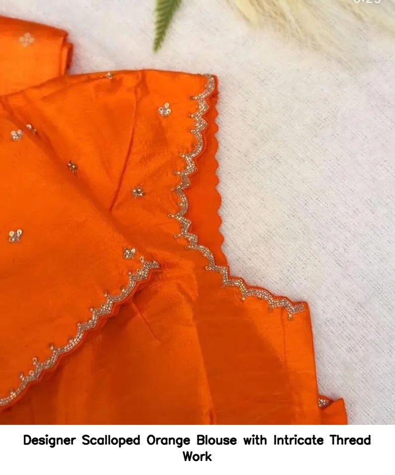 Designer Scalloped Orange Blouse with Intricate Thread Work 3