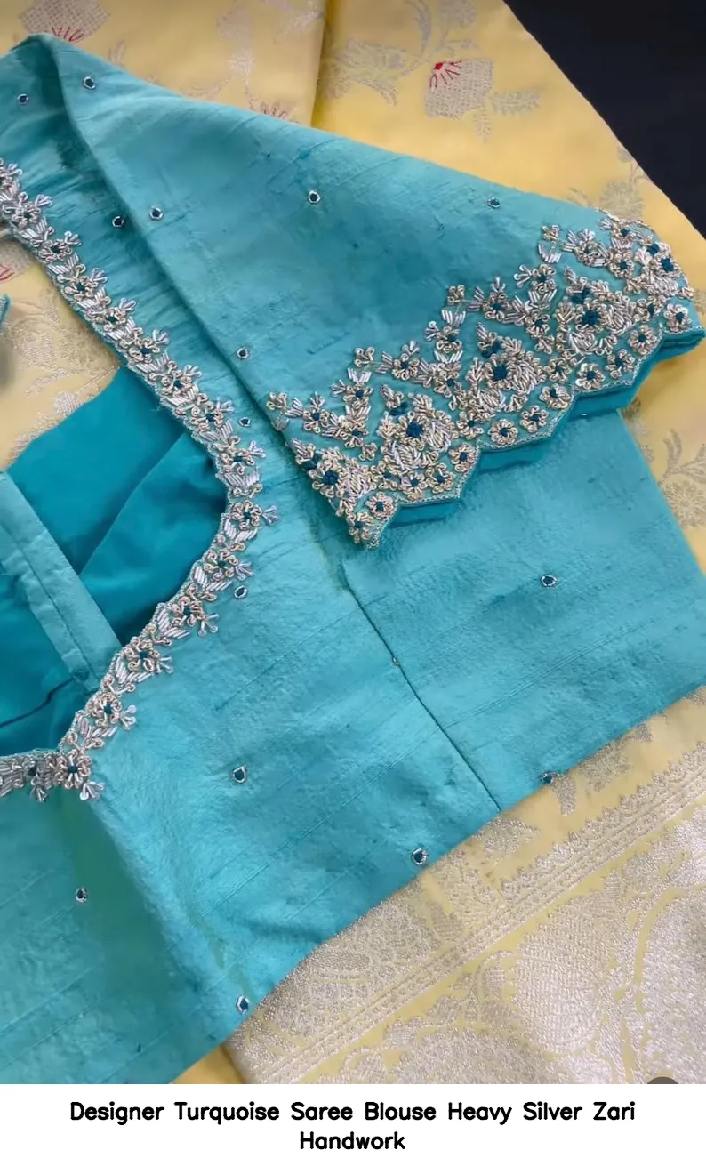 Designer Turquoise Saree Blouse – Heavy Silver Zari Handwork