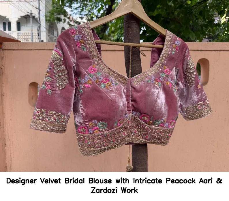 Designer Velvet Bridal Blouse with Intricate Peacock Aari & Zardozi Work