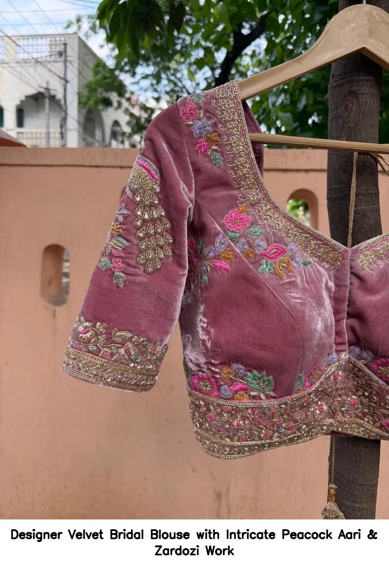 Designer Velvet Bridal Blouse with Intricate Peacock Aari & Zardozi Work