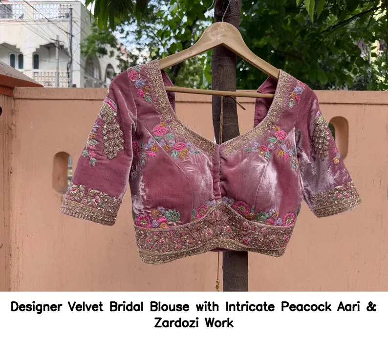Designer Velvet Bridal Blouse with Intricate Peacock Aari & Zardozi Work