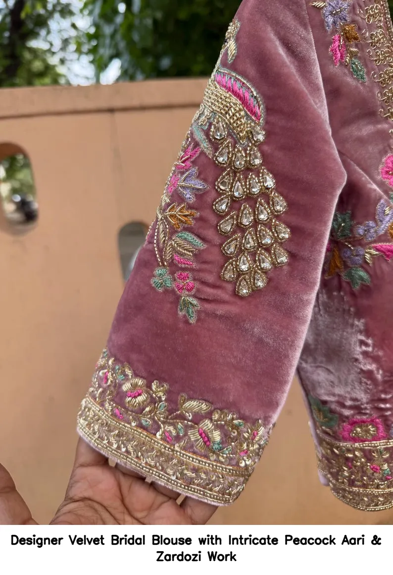 Designer Velvet Bridal Blouse with Intricate Peacock Aari & Zardozi Work