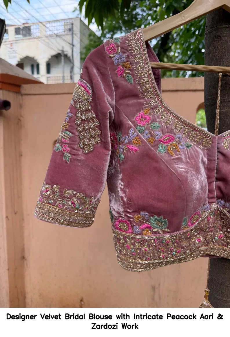 Designer Velvet Bridal Blouse with Intricate Peacock Aari & Zardozi Work