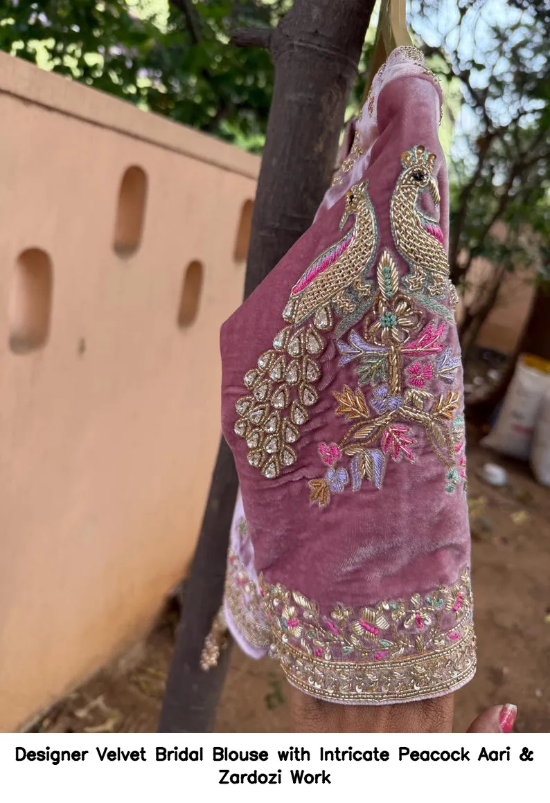 Designer Velvet Bridal Blouse with Intricate Peacock Aari & Zardozi Work