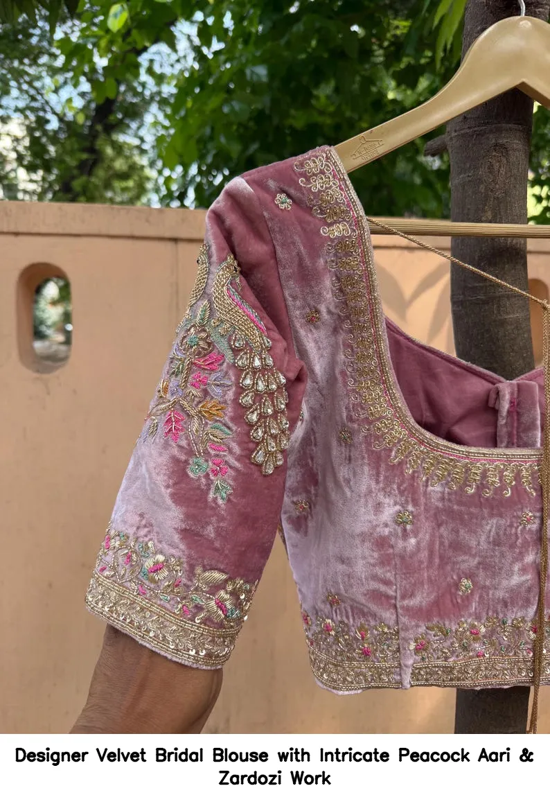 Designer Velvet Bridal Blouse with Intricate Peacock Aari & Zardozi Work