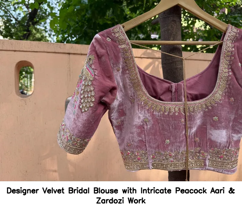 Designer Velvet Bridal Blouse with Intricate Peacock Aari & Zardozi Work