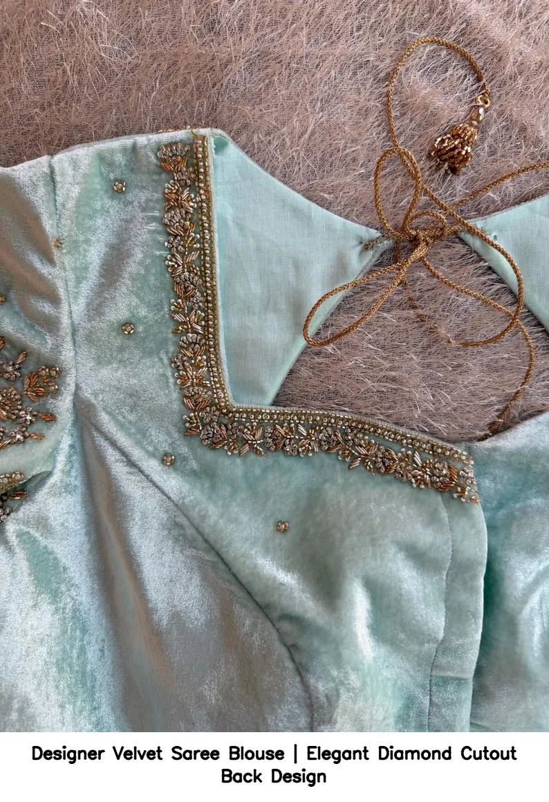Designer Velvet Saree Blouse | Elegant Diamond Cutout Back Design