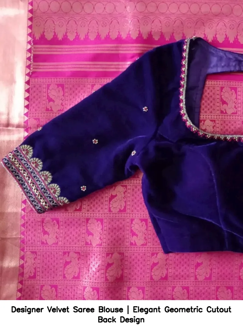 Designer Velvet Saree Blouse | Elegant Geometric Cutout Back Design