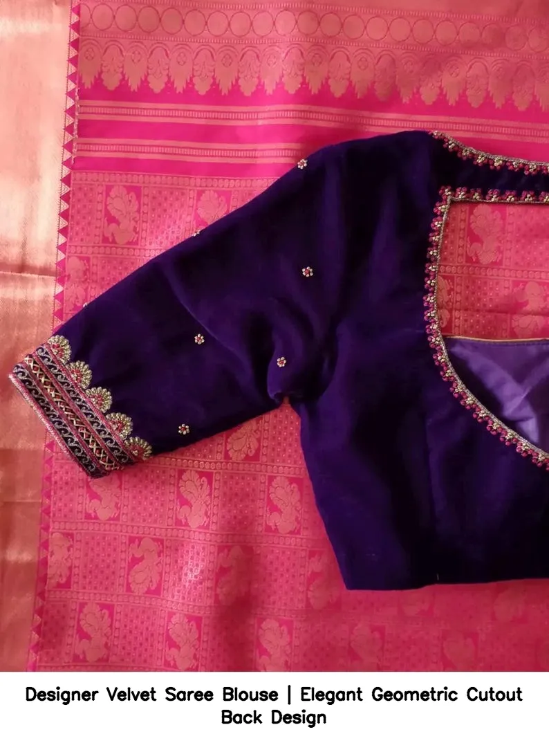Designer Velvet Saree Blouse | Elegant Geometric Cutout Back Design