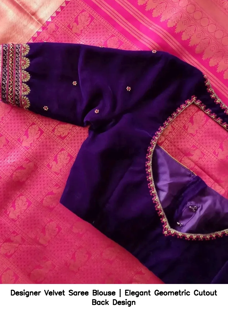 Designer Velvet Saree Blouse | Elegant Geometric Cutout Back Design