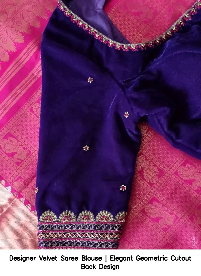 Designer Velvet Saree Blouse | Elegant Geometric Cutout Back Design