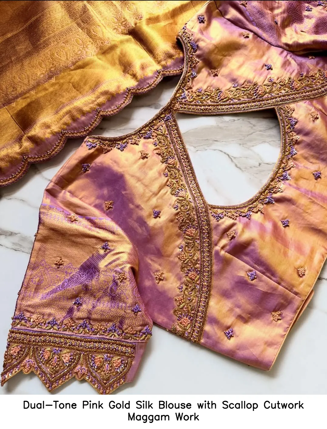 Dual-Tone Pink Gold Silk Blouse with Scallop Cutwork Maggam Work