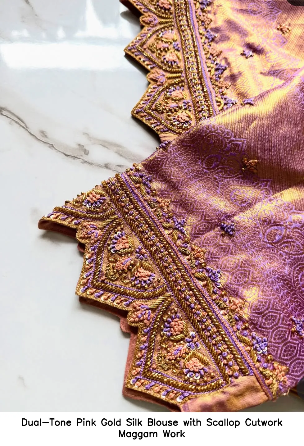 Dual-Tone Pink Gold Silk Blouse with Scallop Cutwork Maggam Work