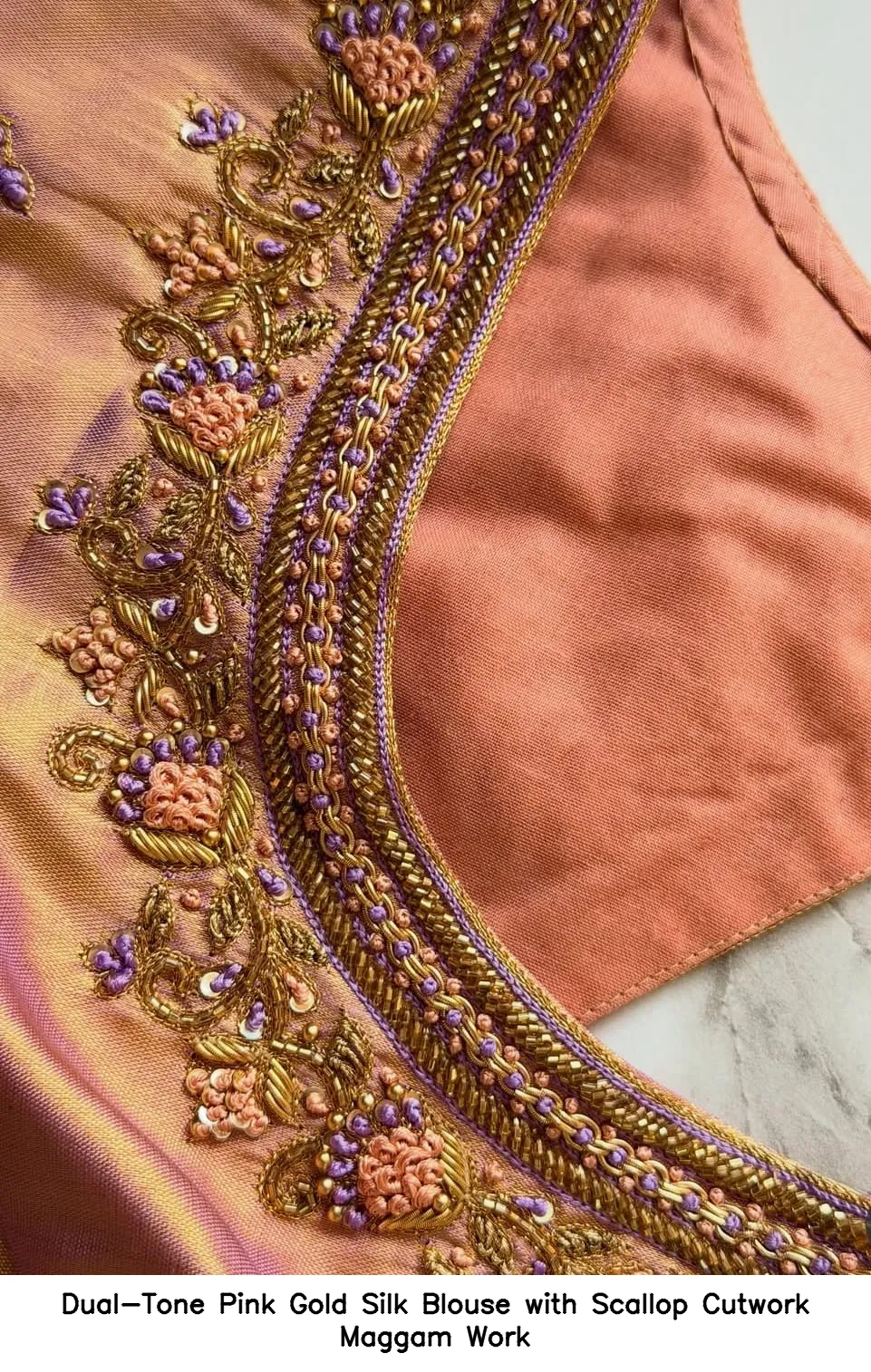 Dual-Tone Pink Gold Silk Blouse with Scallop Cutwork Maggam Work