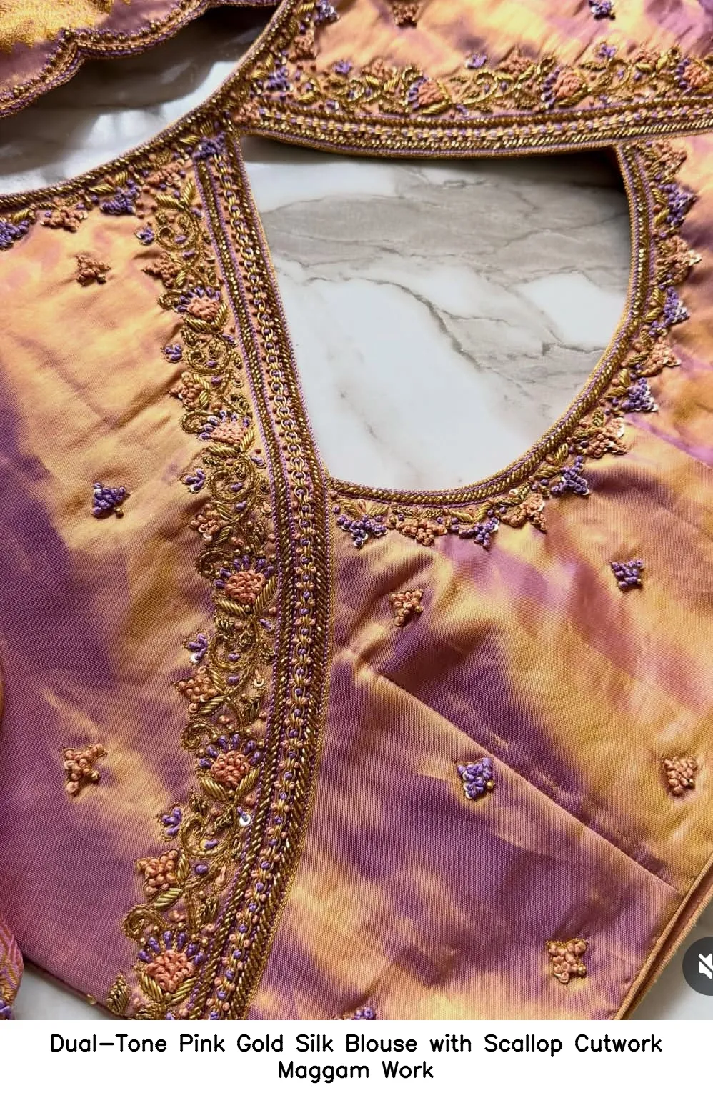 Dual-Tone Pink Gold Silk Blouse with Scallop Cutwork Maggam Work