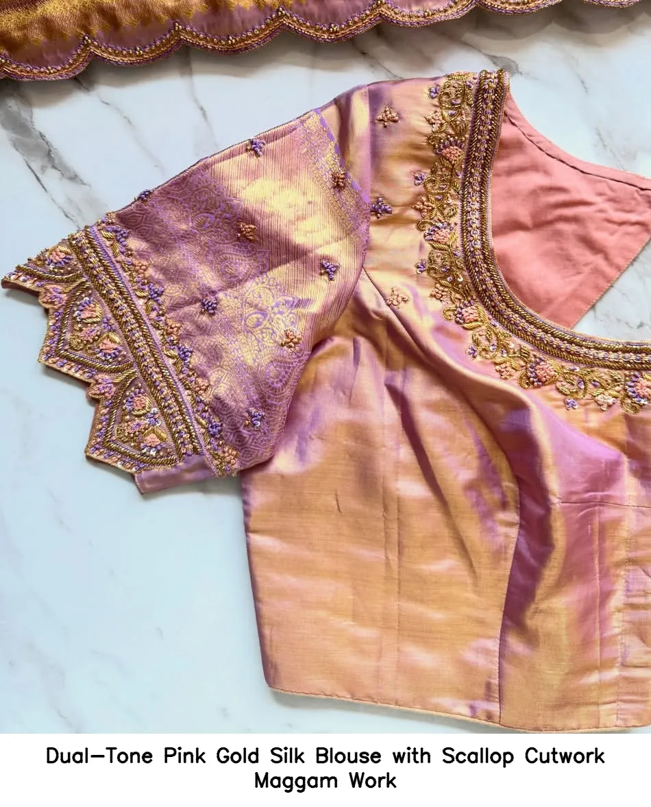 Dual-Tone Pink Gold Silk Blouse with Scallop Cutwork Maggam Work