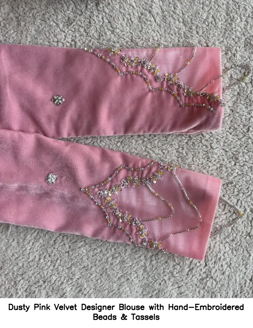 Dusty Pink Velvet Designer Blouse with Hand-Embroidered Beads & Tassels 2