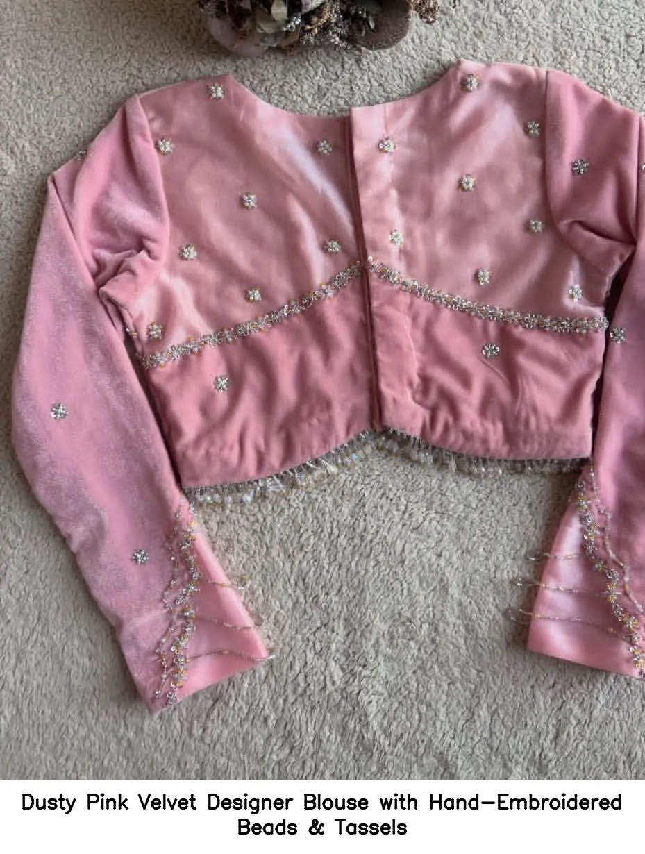 Dusty Pink Velvet Designer Blouse with Hand-Embroidered Beads & Tassels 3