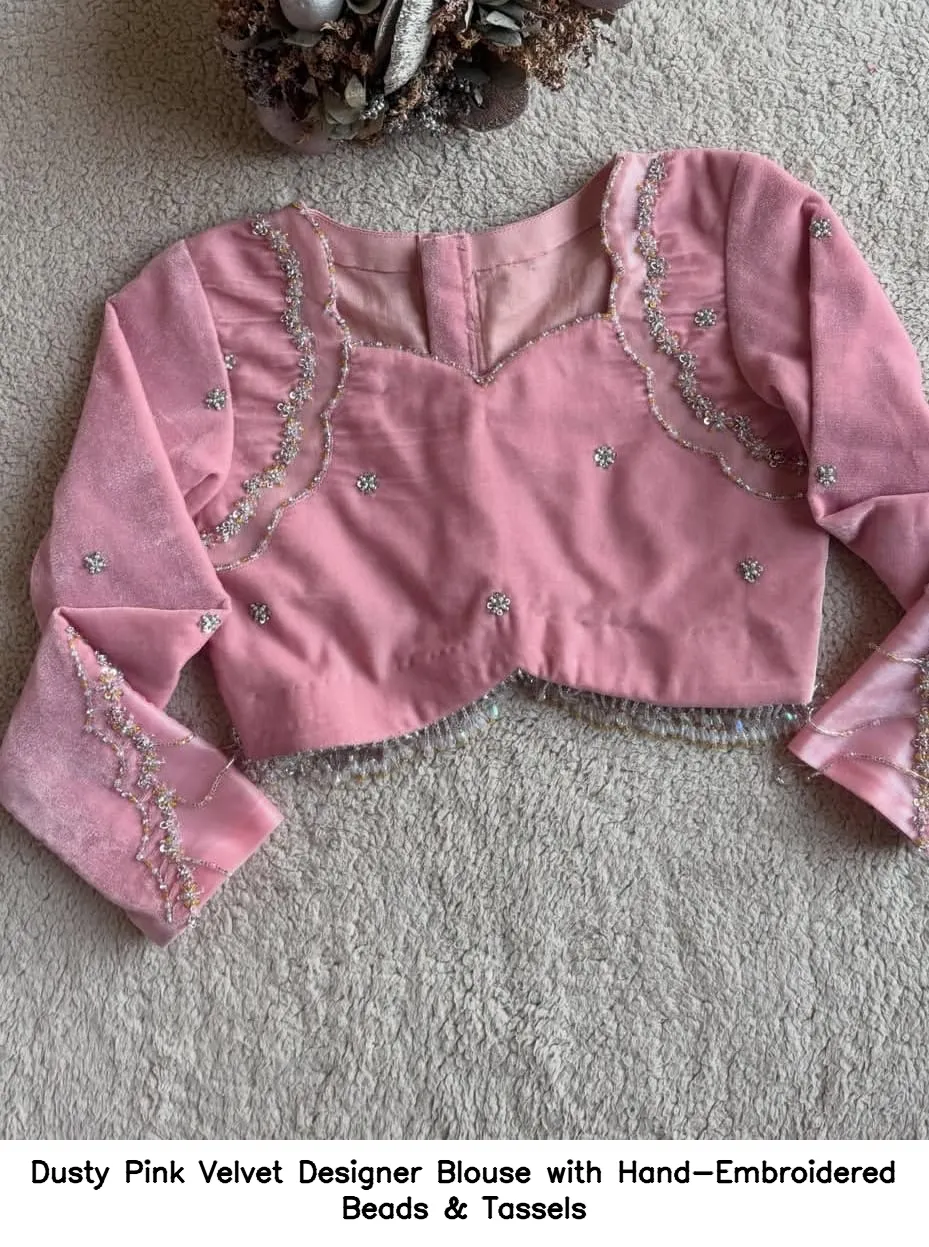 Dusty Pink Velvet Designer Blouse with Hand-Embroidered Beads & Tassels 4