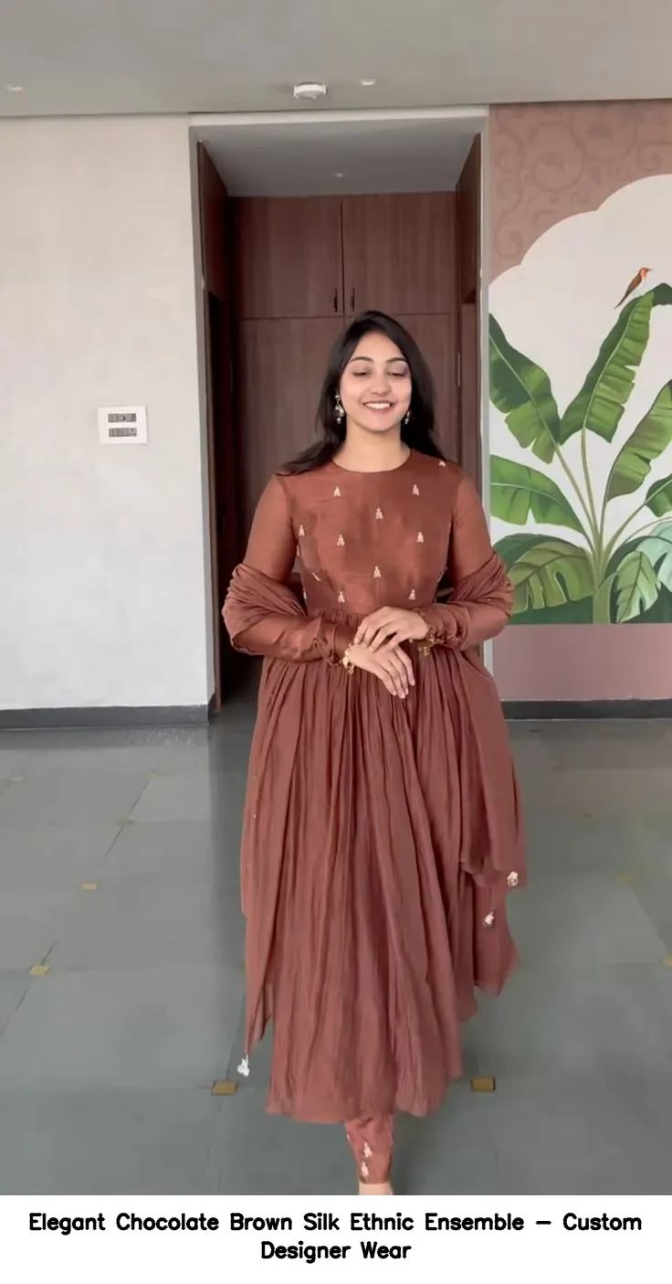 Elegant Chocolate Brown Silk Ethnic Ensemble - Custom Designer Wear