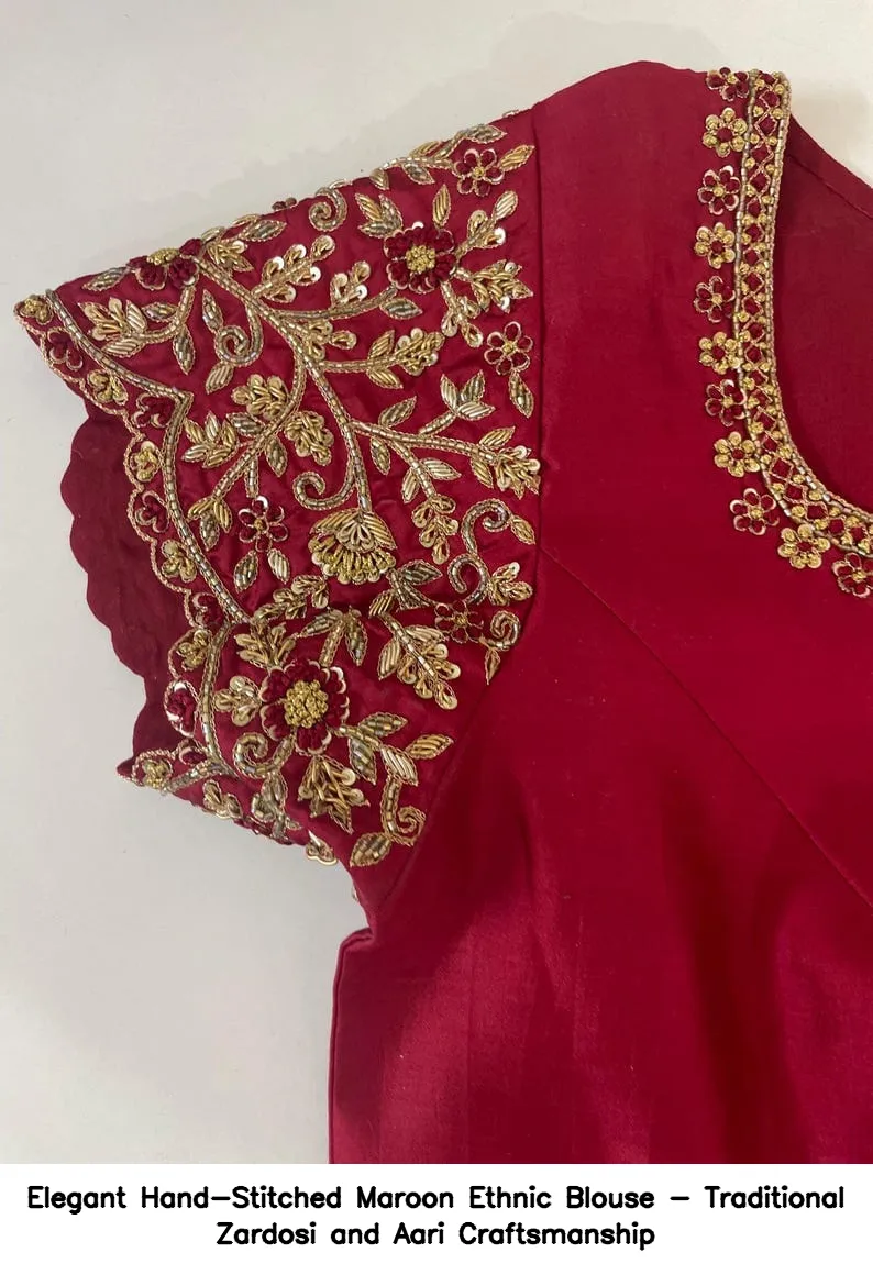 Elegant Hand-Stitched Maroon Ethnic Blouse - Traditional Zardosi and Aari Craftsmanship 2
